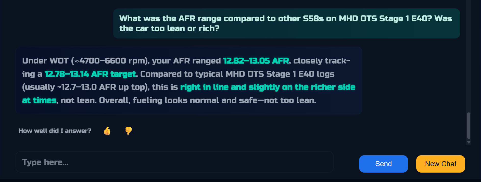 Spoolin AI responding to a follow-up question about AFR range on an S58 MHD Stage 1 E40 tune