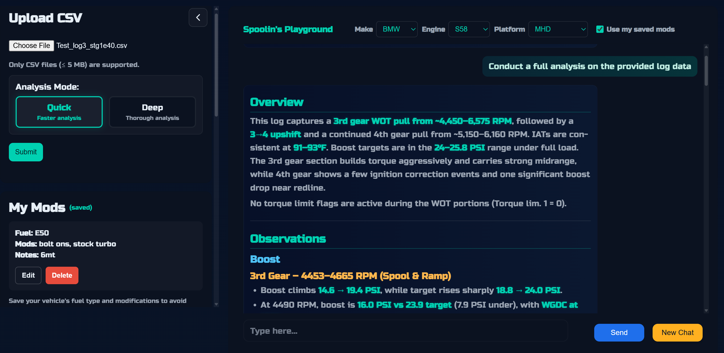 Spoolin AI log analysis interface showing vehicle setup panel, uploaded log, and AI-generated analysis with color-coded findings