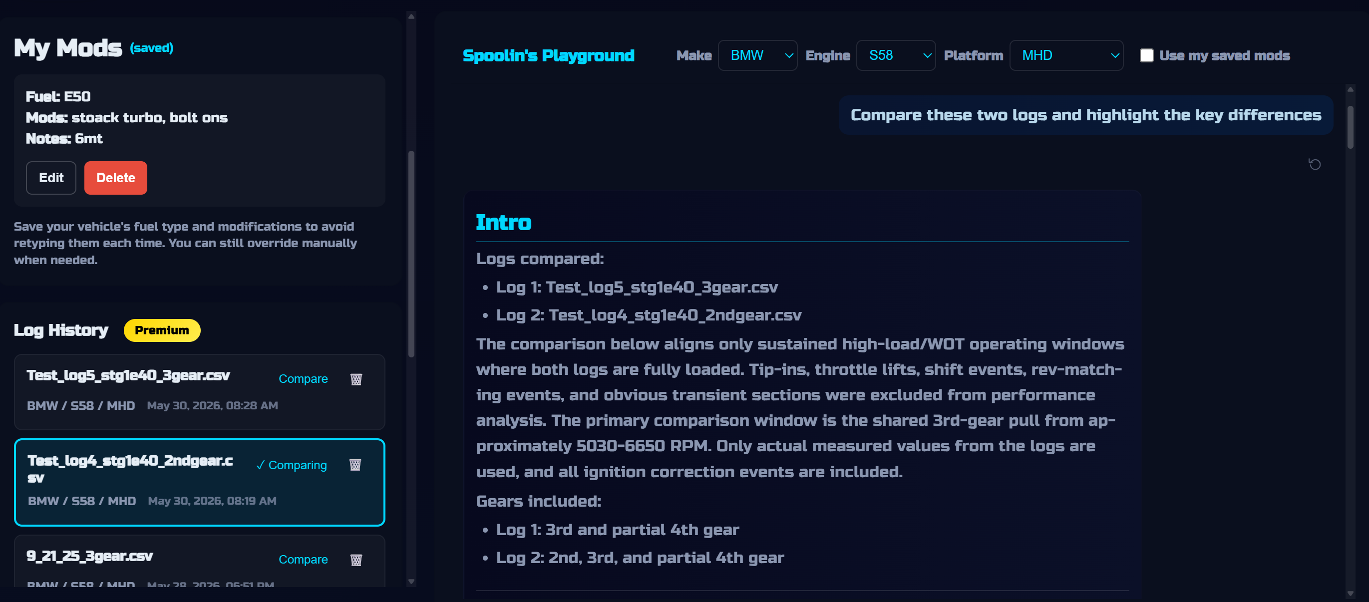 Side-by-side log comparison showing differences between two datalog sessions